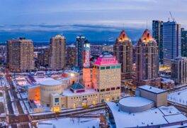 Evening, aerial, winter view of  downtown Mississauga and clock