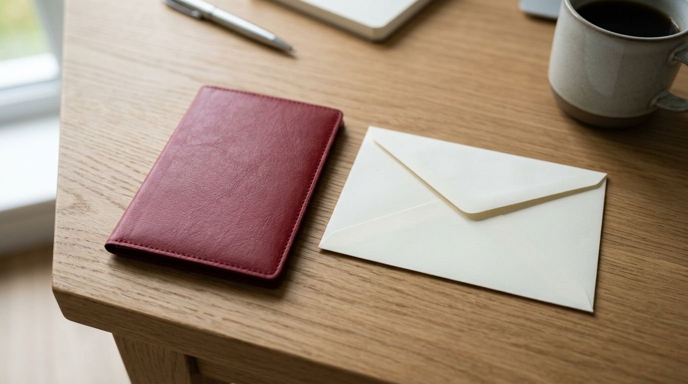 Blank passport cover and sealed envelope on a desk
