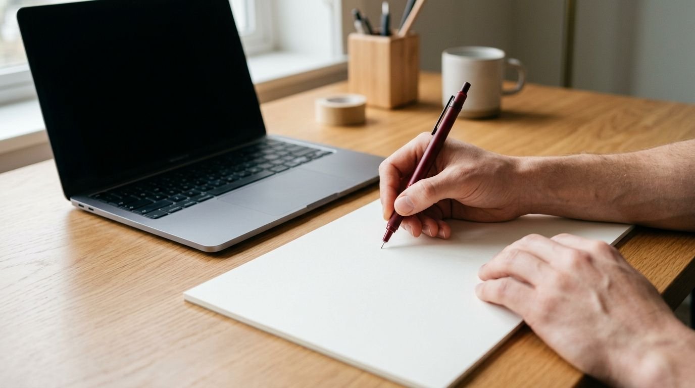 Hands drafting on blank paper with a laptop on a desk