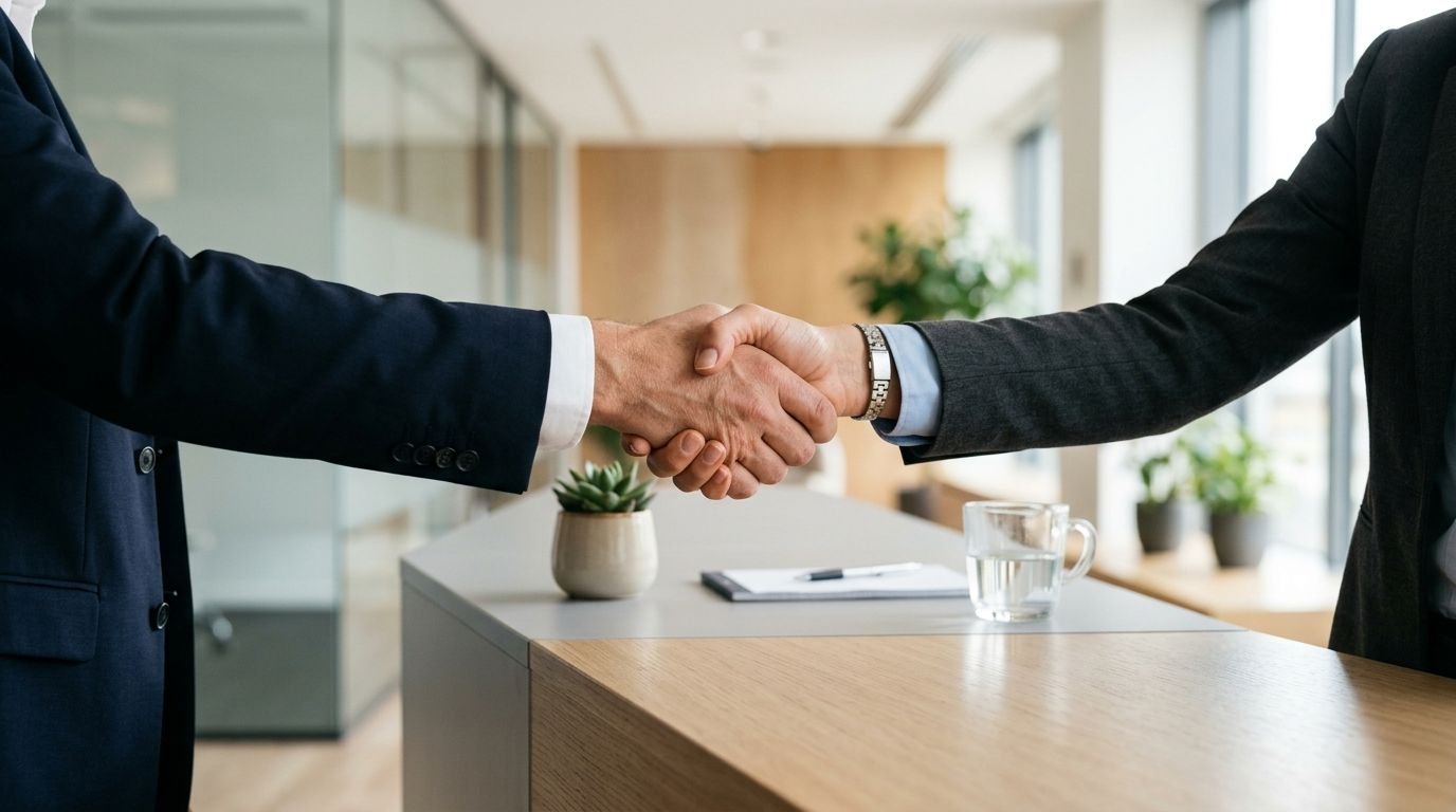 Handshake over a reception desk in a modern office