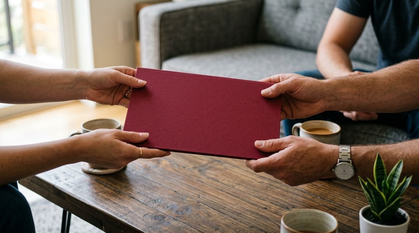 Hands exchanging a blank deep-red folder at a coffee table