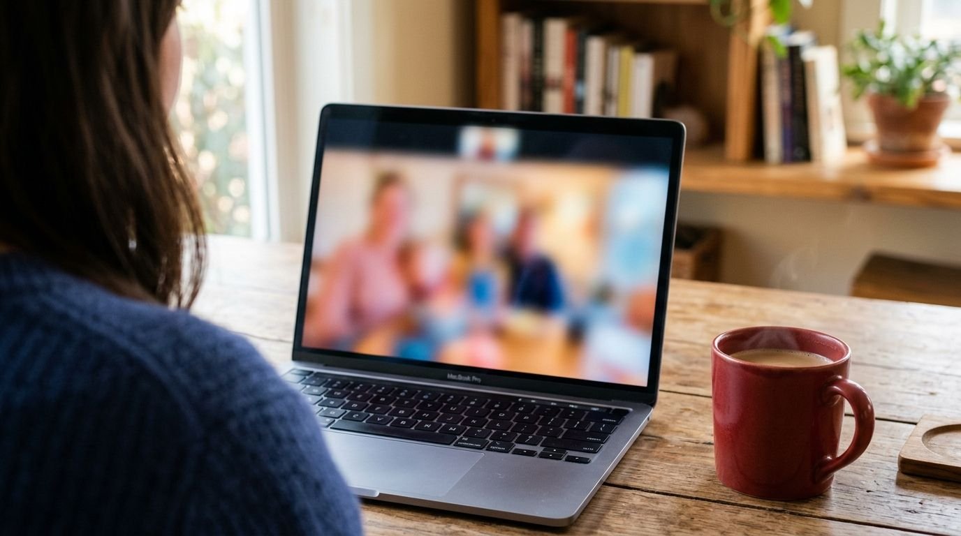 Laptop on a desk showing a blurred video call
