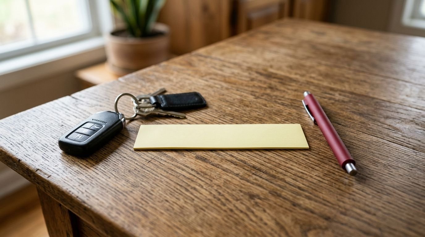 Car keys and a blank strip of yellow paper on a desk