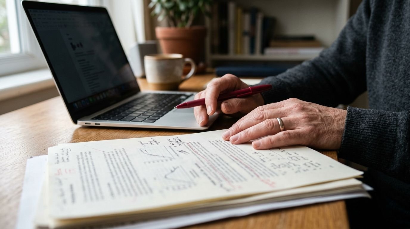 Hands resting near blurred printed pages on a desk